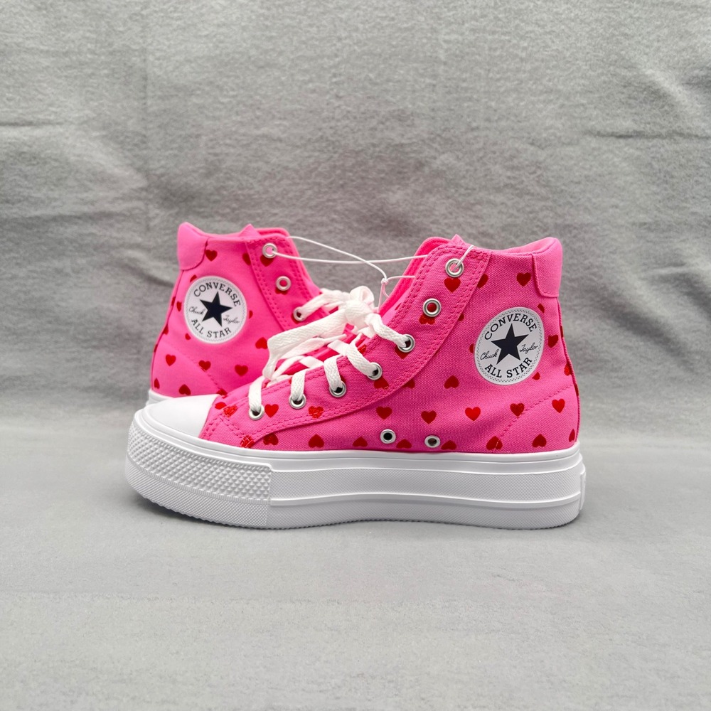 Converse Day One Platform Hi Pink Red Hearts Sneakers 6 Kids 093-20-0435